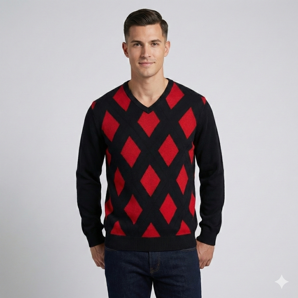 Izod V-Neck Sweater Black and Red Argyle Design